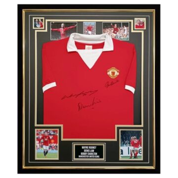 Signed Rooney, Law & Charlton Shirt Framed- Manchester United Icons Jersey