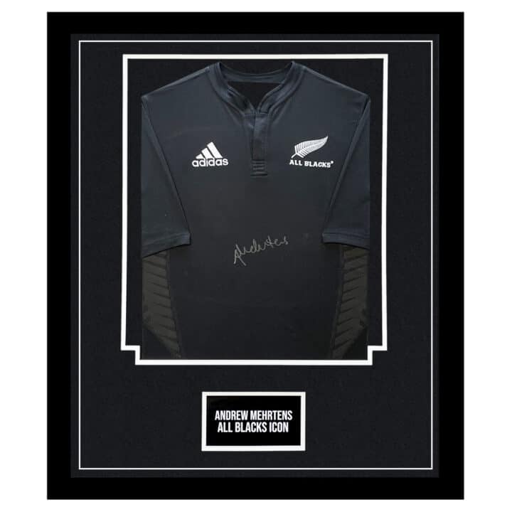 Signed Andrew Mehrtens Framed Shirt - New Zealand All Blacks Icon