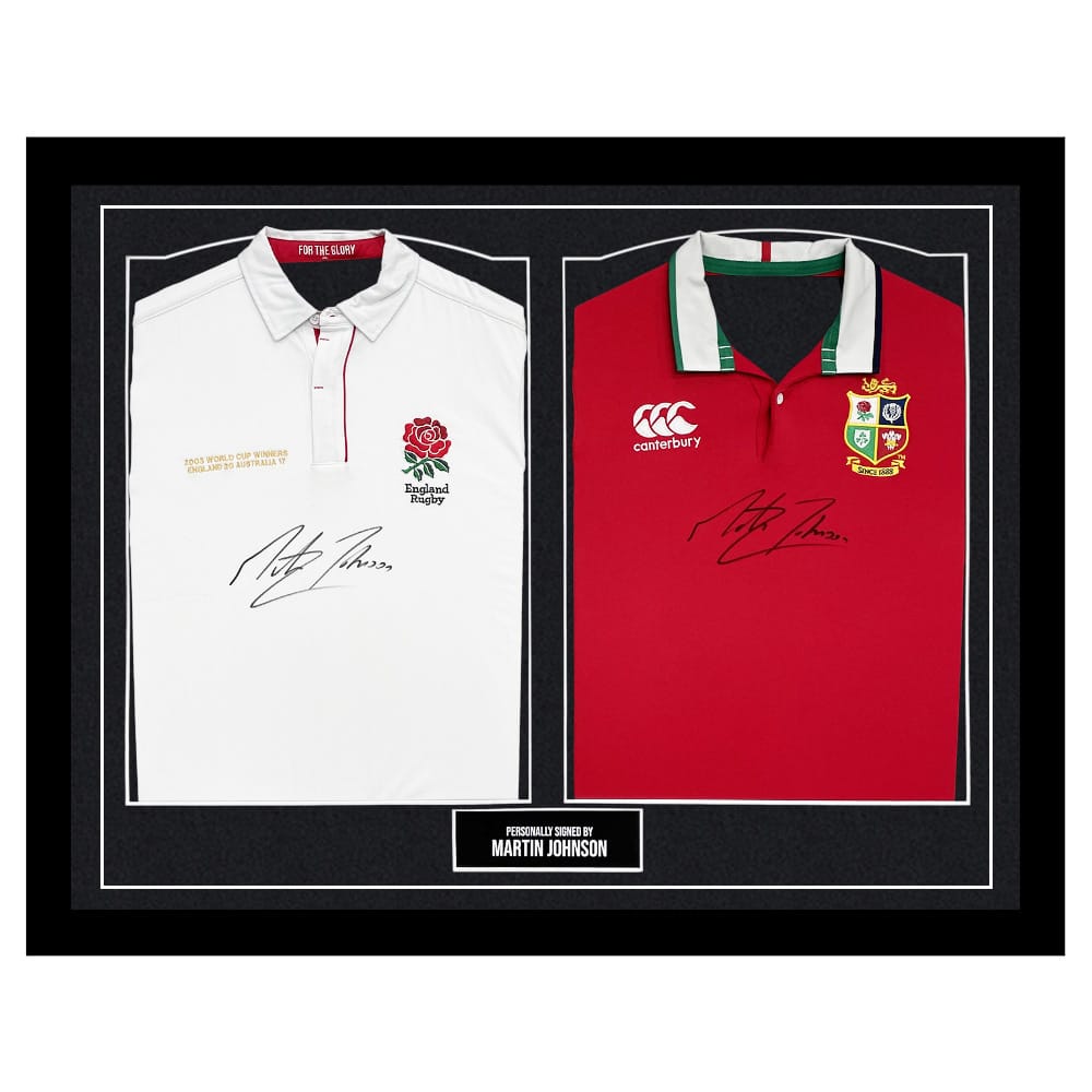 Framed Martin Johnson Signed Duo Shirts - England & Lions Icon