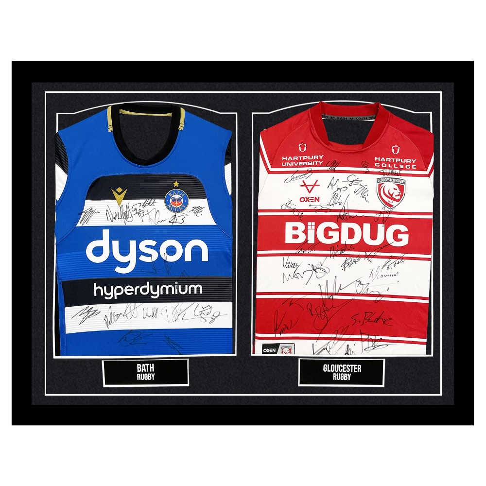 Signed Bath & Gloucester Framed Duo Shirts - Premiership Squad Autograph