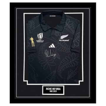 Signed Richie Mo'unga Framed New Zealand Shirt - RWC 2023 Icon