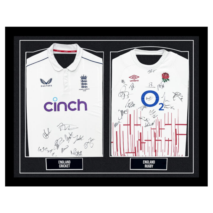 Signed England Framed Duo Shirts - Cricket & Rugby Squad Autograph