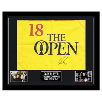 Signed Gary Player Framed Pin Flag - The Open Champion 1959, 1968 & 1974