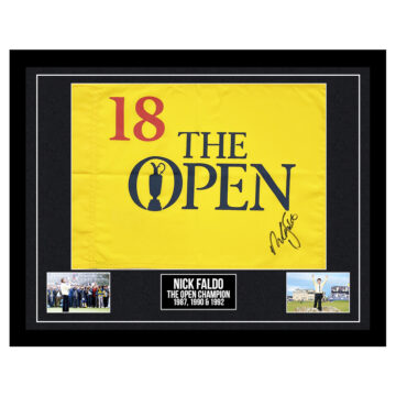 Signed Nick Faldo Framed Pin Flag - The Open Champion 1987, 1990 & 1992